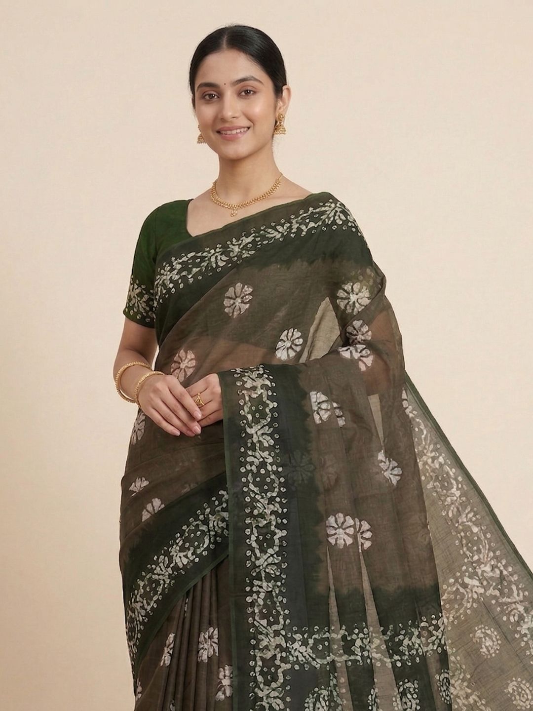 Olive Green Batik Printed Pure Cotton Saree