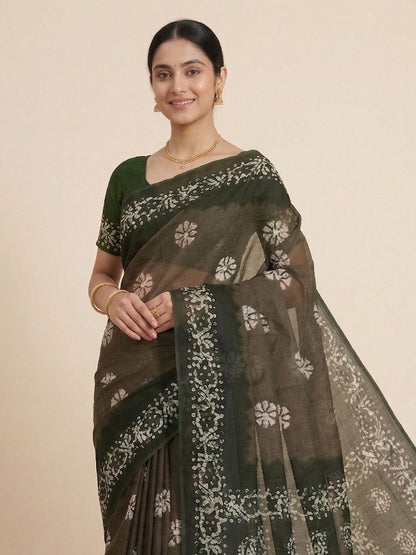 Olive Green Batik Printed Pure Cotton Saree
