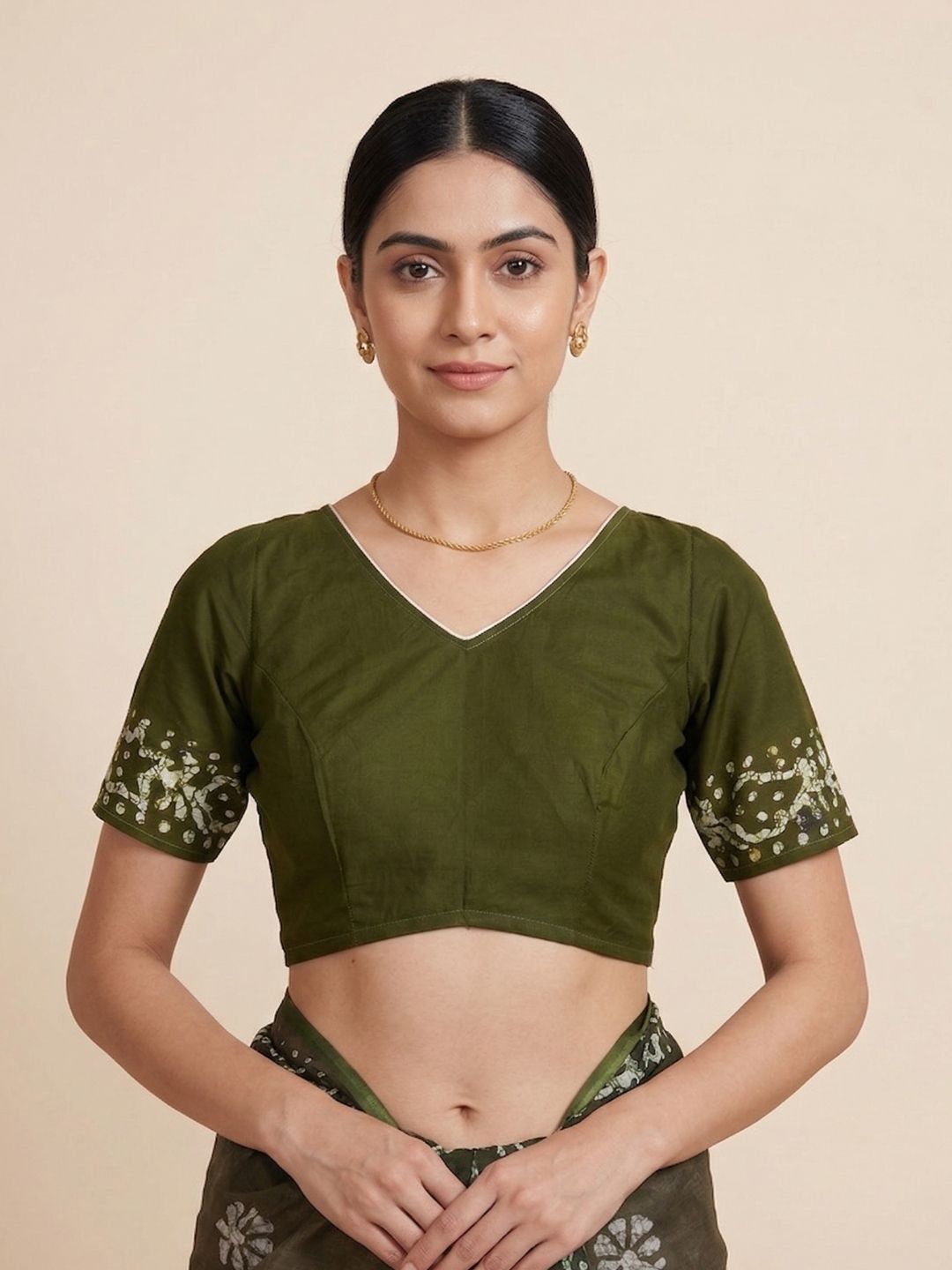 Olive Green Batik Printed Pure Cotton Saree