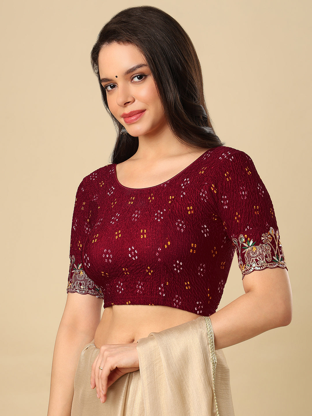 Maroon Embroidered Non Padded Stretchable Garba Saree Blouse