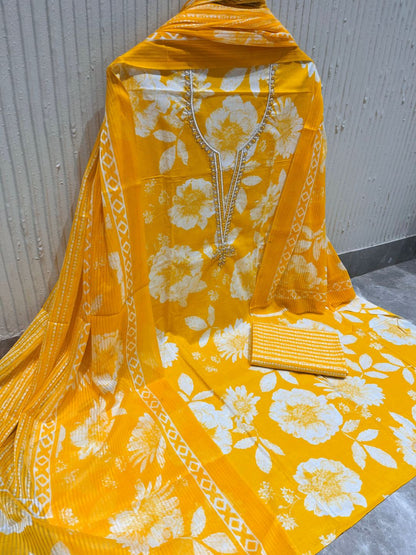 Yellow Cotton printed Unstitched Dress Material