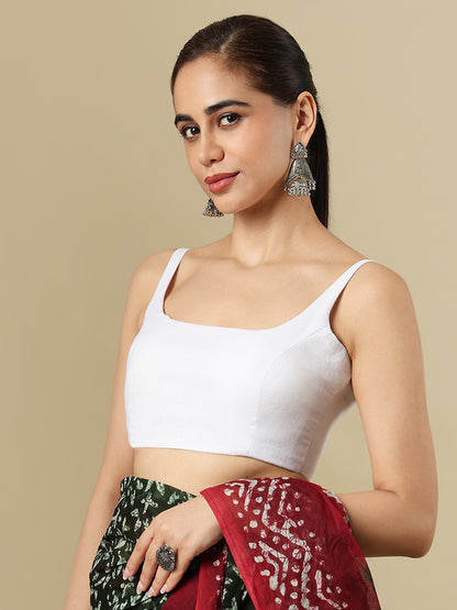 White Pure Linen Sleeveless Readymade Saree Blouse