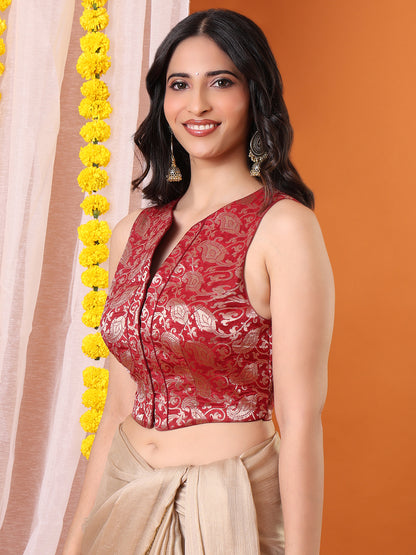 Maroon Brocade Halter Neck Sleeveless Padded Saree Blouse