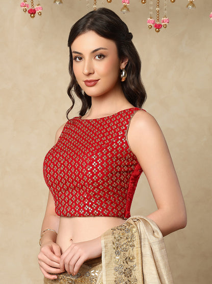 Red Velvet Sleeveless Readymade Blouse
