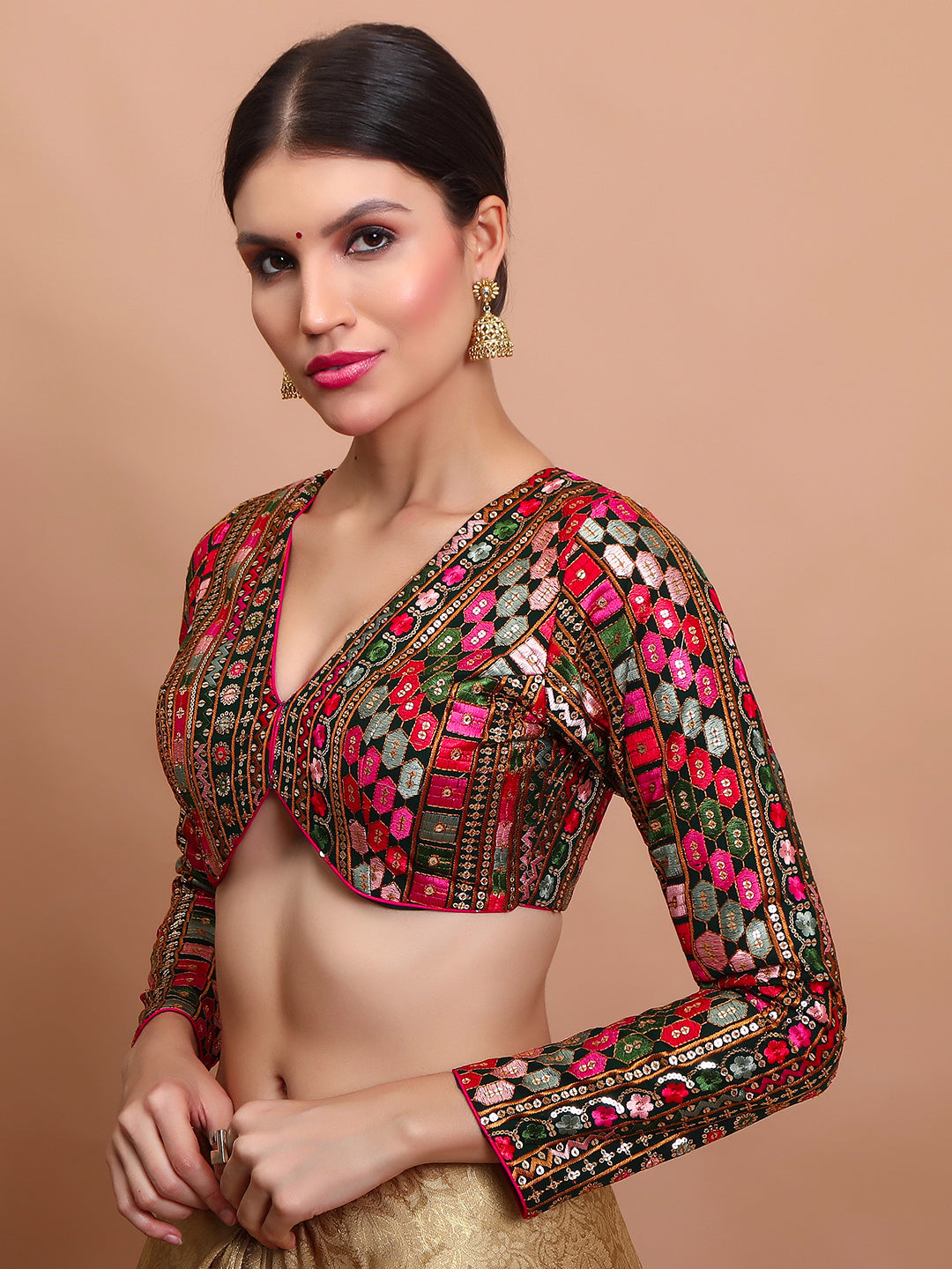 Green Georgette Embroidered V Neck Readymade Blouse
