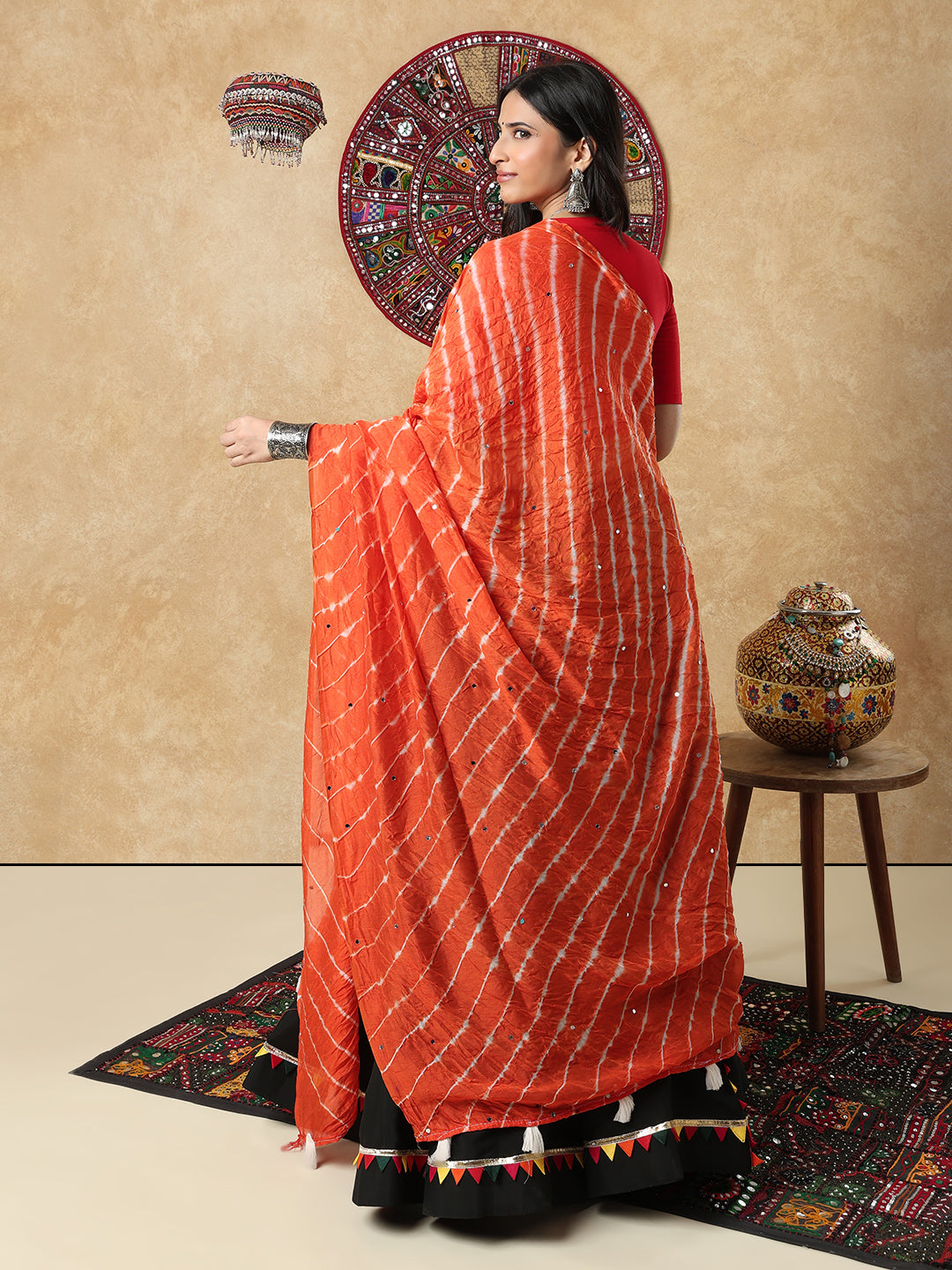 Orange Silk Tie & Dye Festive Garba Dupatta For Navratri