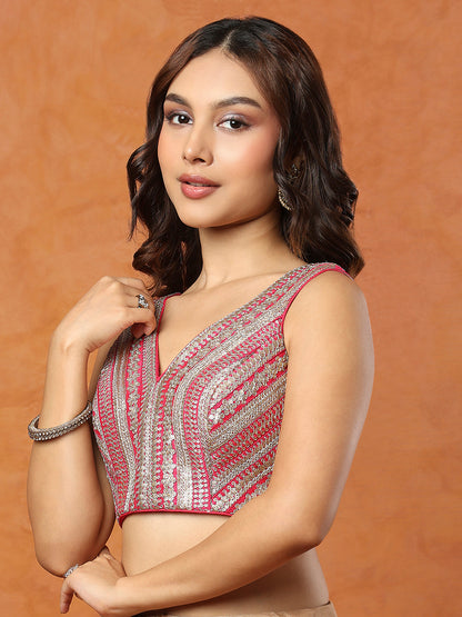 Pink Silk Sleeveless Readymade Blouse