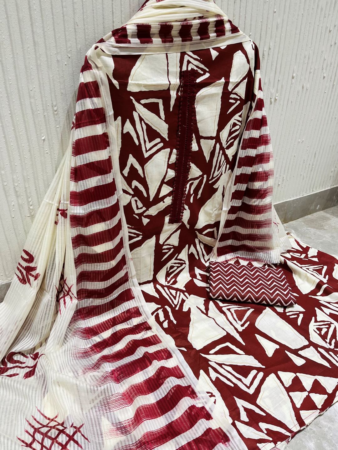Maroon Cotton Printed Unstitched Dress Material