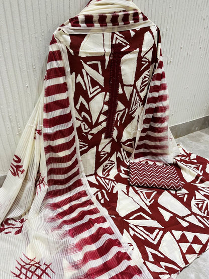 Maroon Cotton Printed Unstitched Dress Material