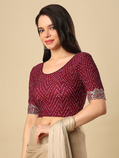 Wine Embroidered Non Padded Stretchable Garba Saree Blouse