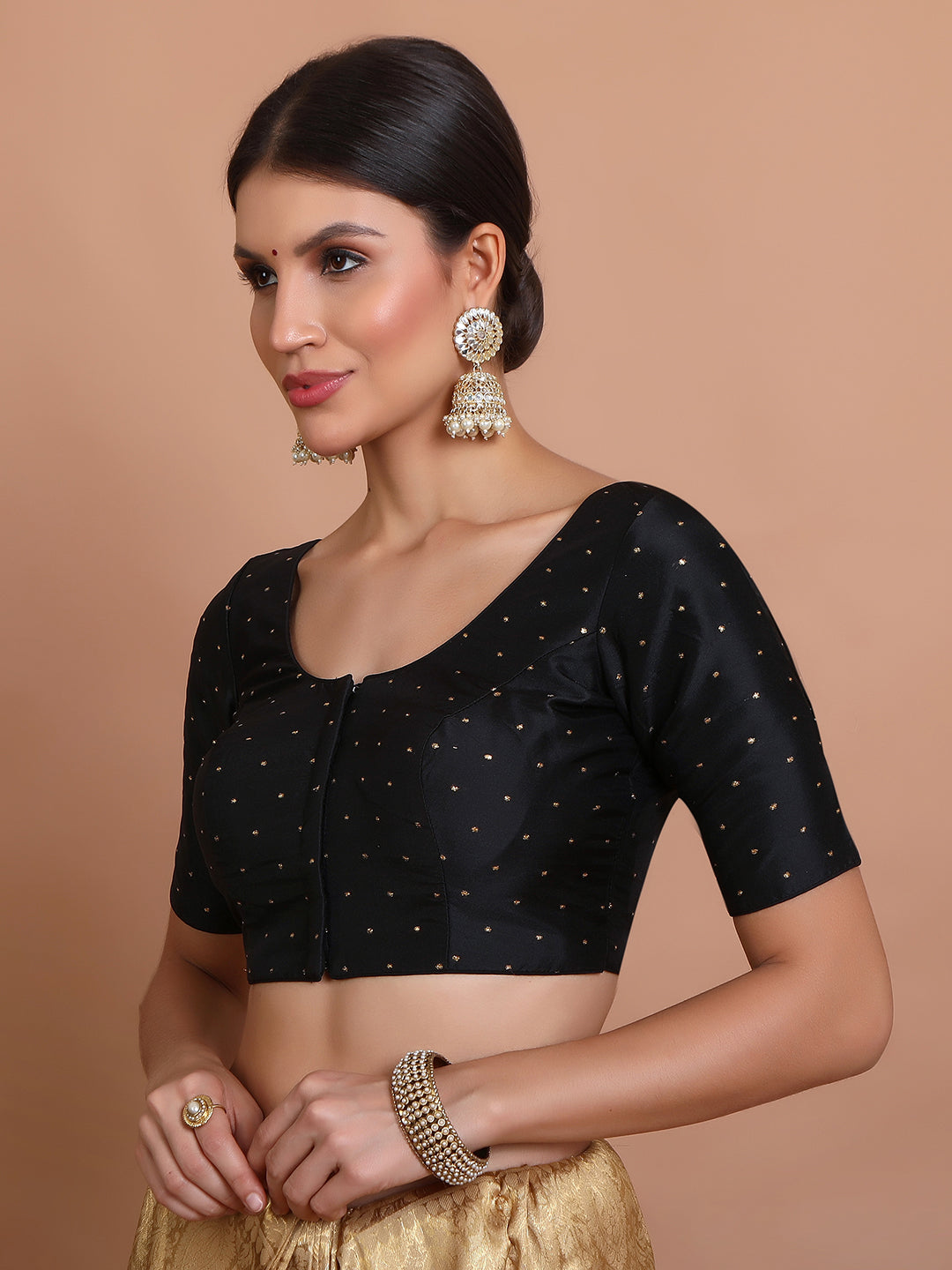 Black Silk Round Neck Readymade Padded Blouse