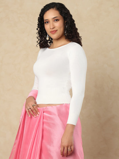 White Woolen Round Neck Readymade Blouse