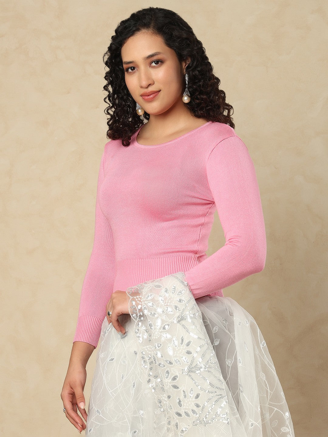 Pink Woolen Round Neck Readymade Blouse