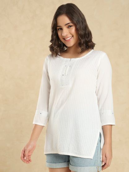 White Cotton Solid Embroidered Short Kurti
