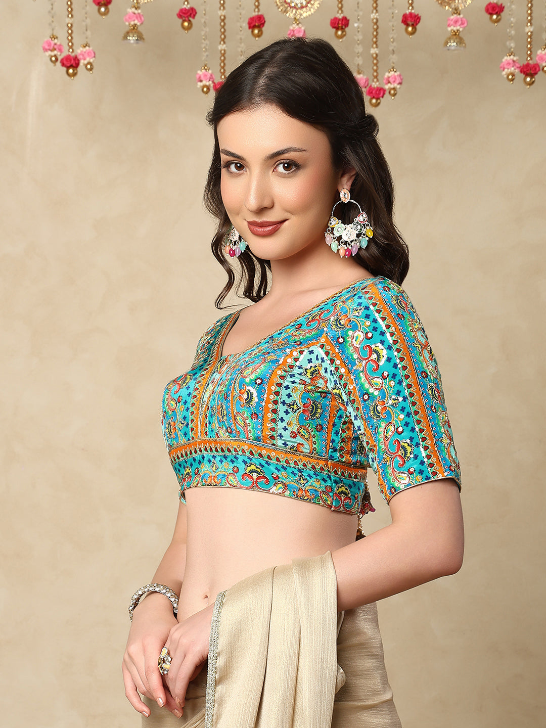 Sea Blue silk V Neck Readymade Blouse