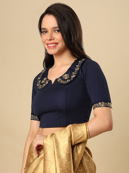 Navy Blue Embroidered Non Padded Stretchable Saree Blouse