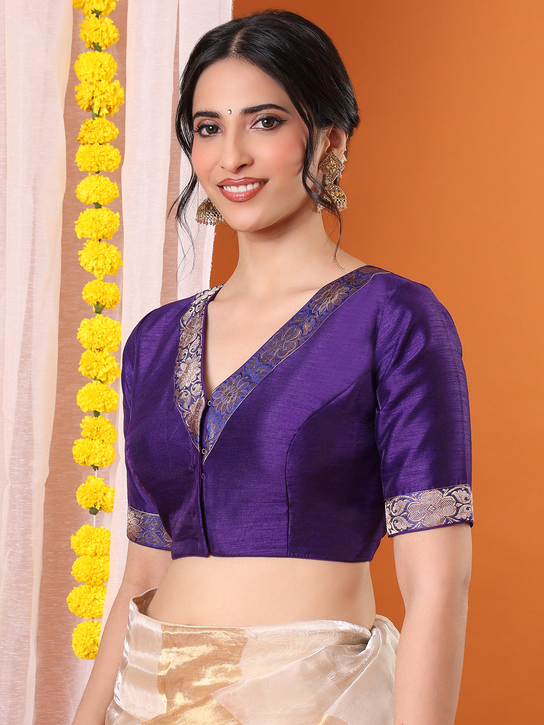 Purple Silk Embroidered Sweetheart Neck Padded Saree Blouse