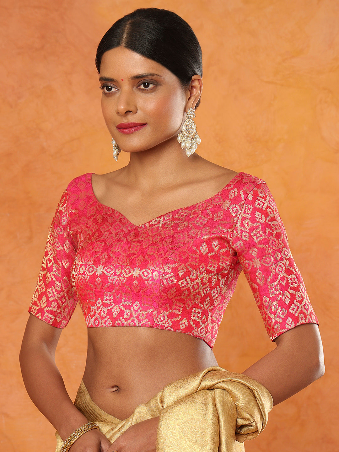 Pink Brocade Sweetheart Neck Readymade Blouse