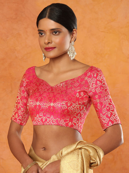 Pink Brocade Sweetheart Neck Readymade Blouse