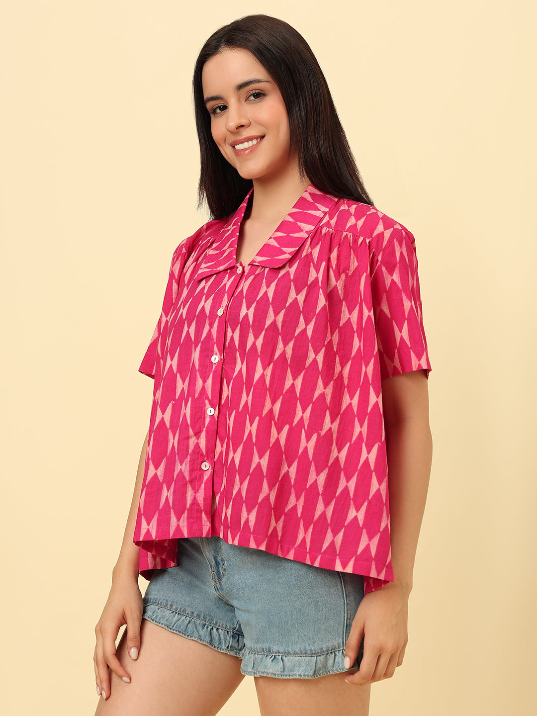 Pink Cotton Printed Oversized Casual Shirt