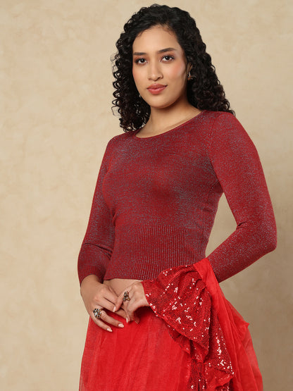 Maroon Woolen Round Neck Full Sleeves Stretchable Readymade Blouse