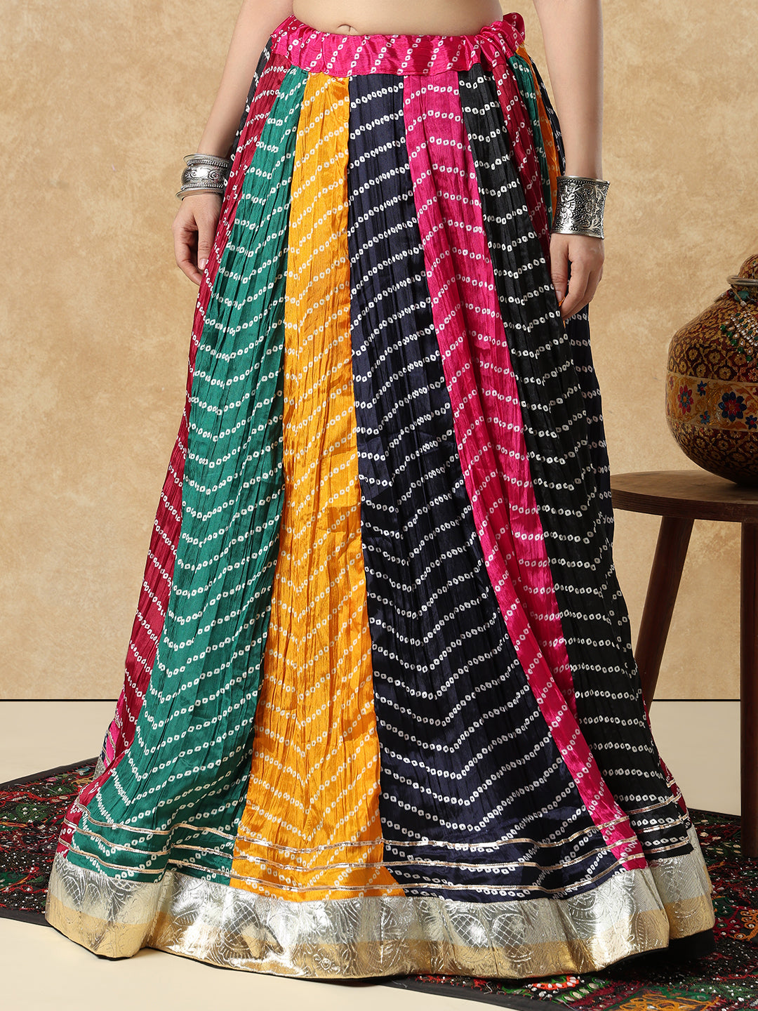 Multicolour Silk Bandhani Printed Garba Readymade Skirt For Navratri