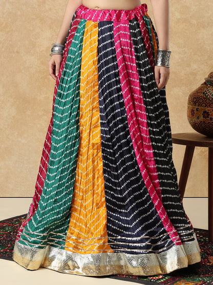 Multicolour Silk Bandhani Printed Garba Readymade Skirt For Navratri