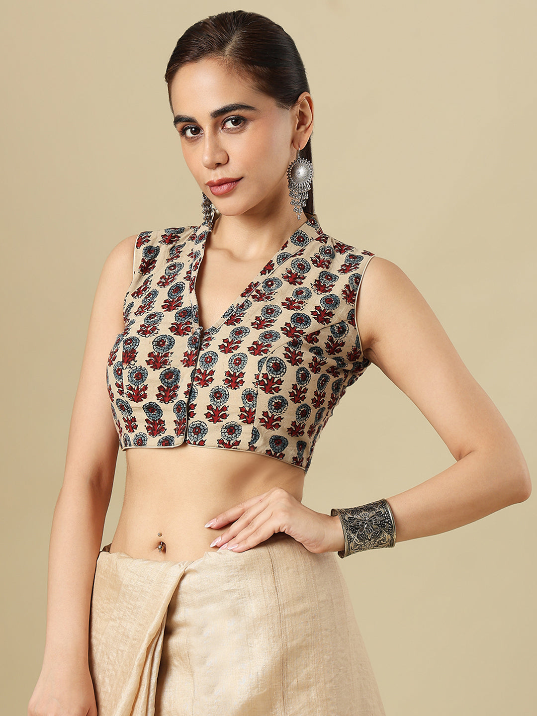 Beige Pure Cotton Ajrakh Block Printed Readymade Blouse