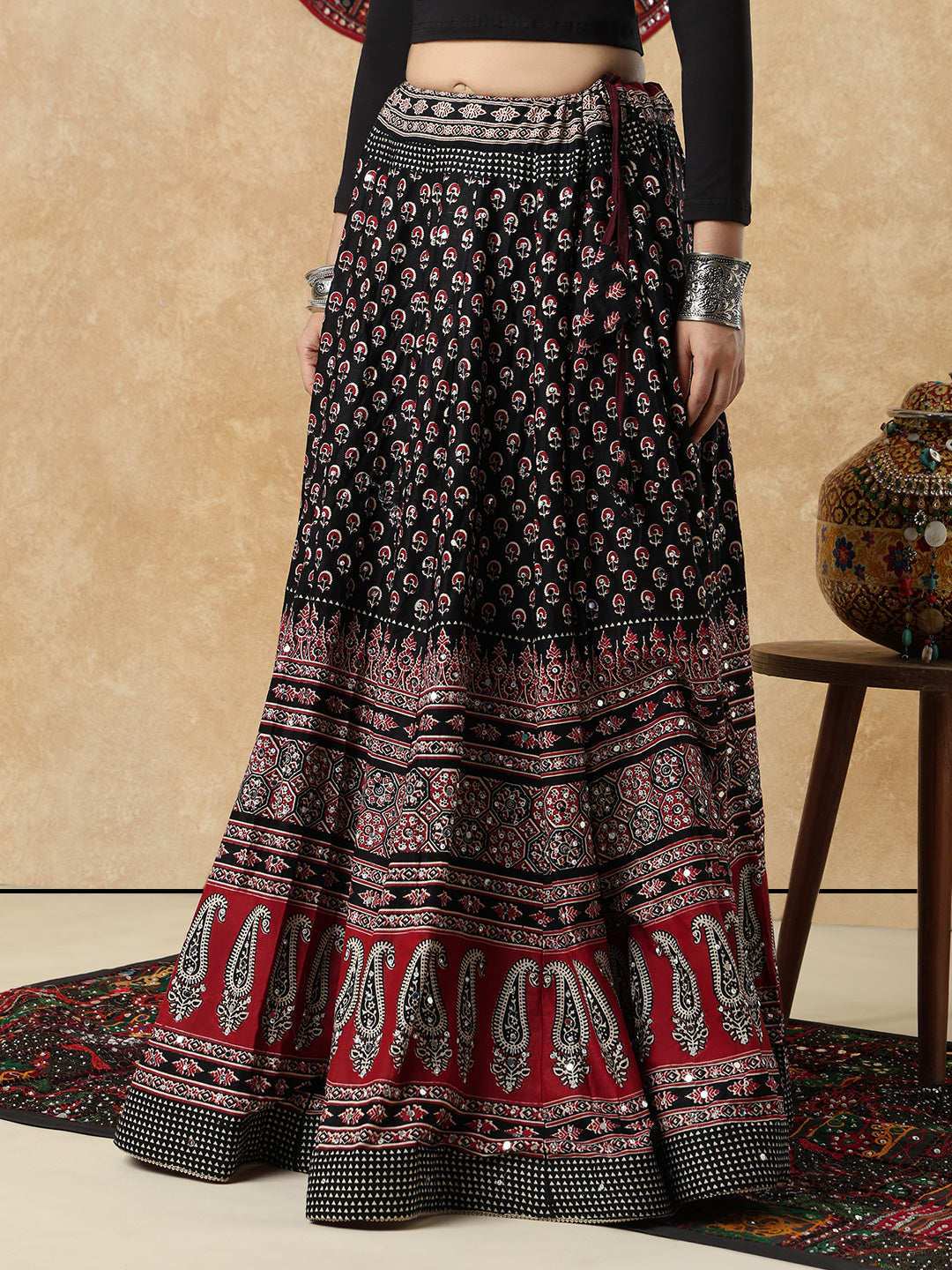 Ajrakh Mirror Work Garba Cotton Readymade Skirt For Navratri