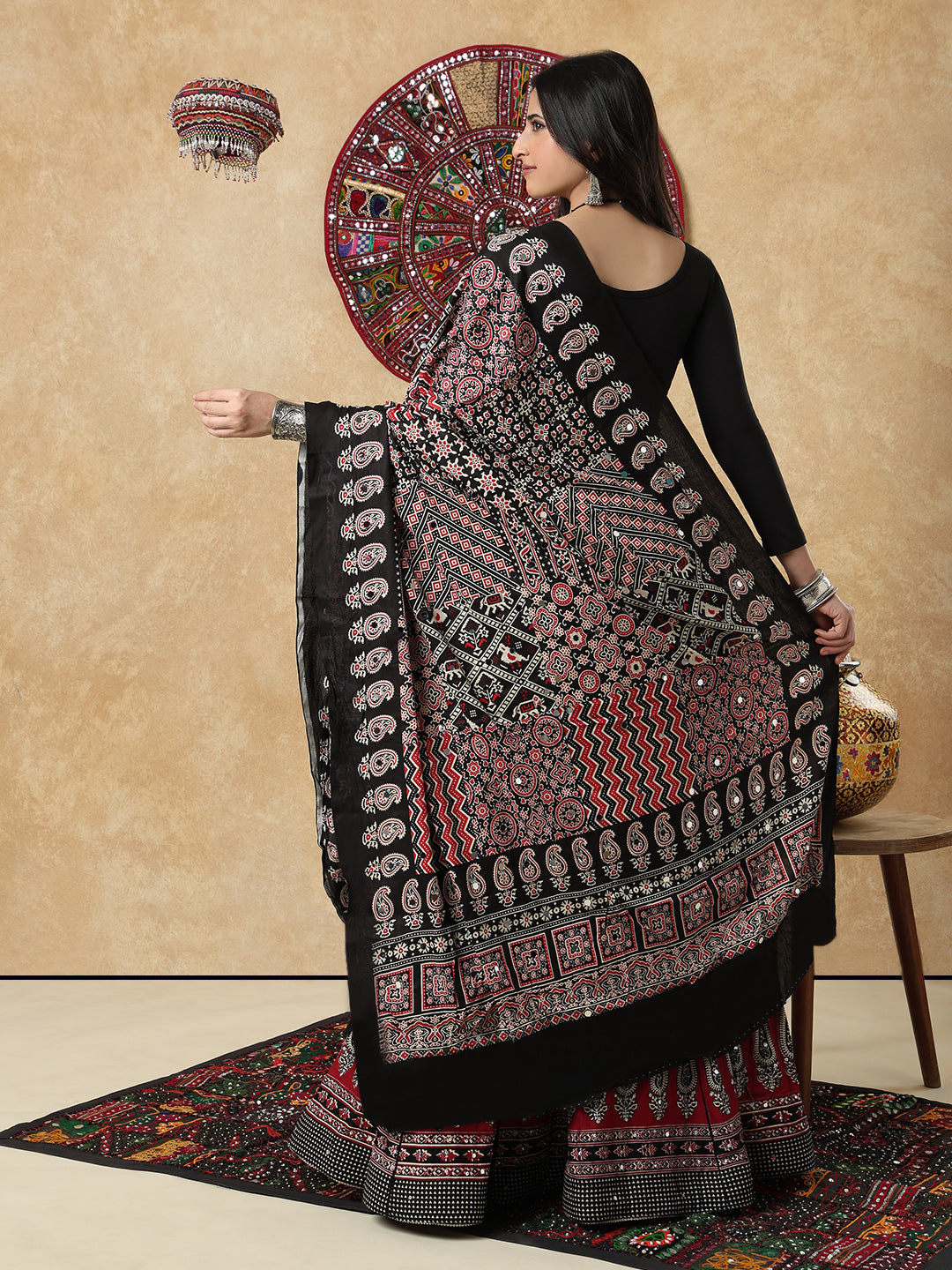 Black Silk Ajrakh Mirror Work Festive Garba Dupatta For Navratri