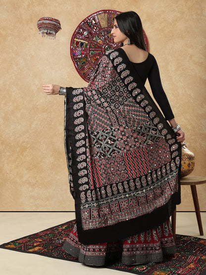 Black Silk Ajrakh Mirror Work Festive Garba Dupatta For Navratri