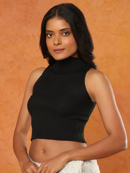 Black Knitted Sleeveless Readymade Blouse