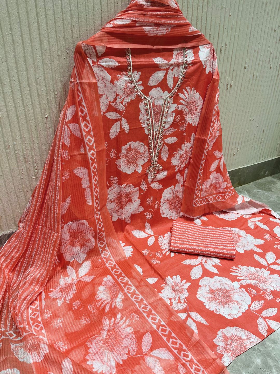 Orange Cotton printed Unstitched Dress Material