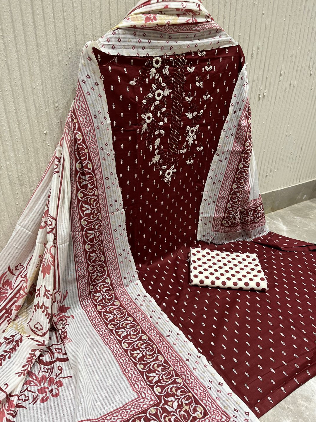 Maroon Cotton Embroidered Unstitched Dress Material