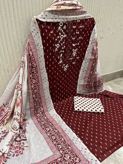 Maroon Cotton Embroidered Unstitched Dress Material