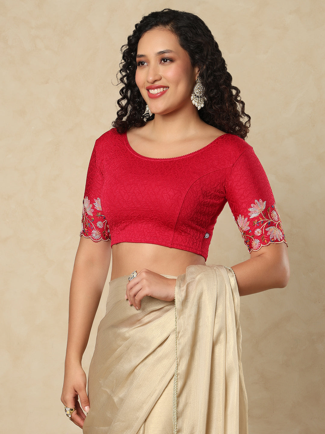 Pink Cotton Lycra Round Neck Readymade Blouse