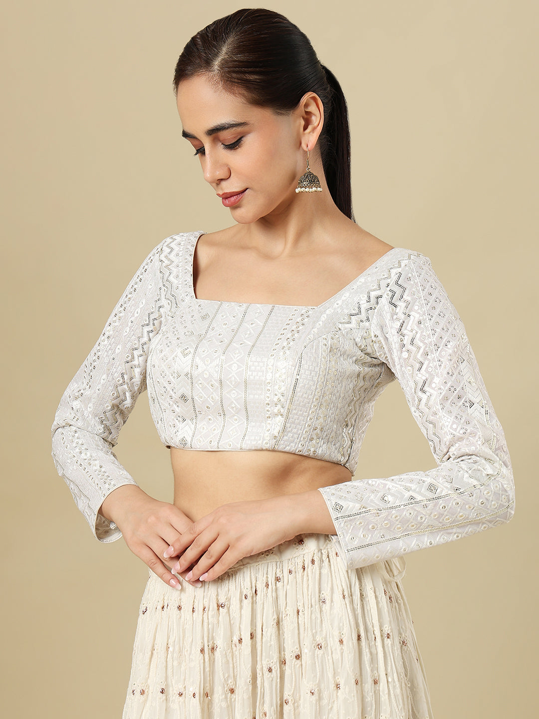 White Georgette Embroidered Padded Saree Blouse