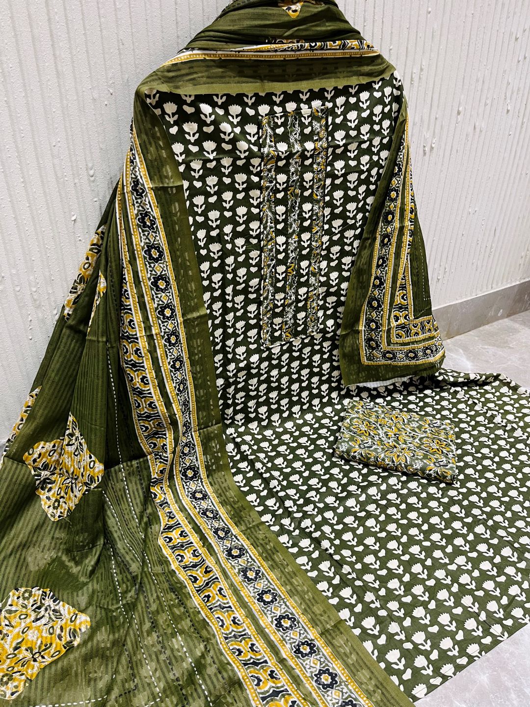 Olive Cotton Printed Unstitched Dress Material