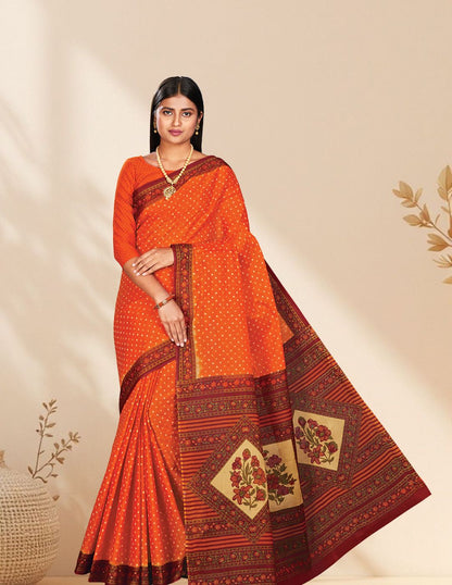 KERALA BEAUTY Orange Printed Pure Cotton Saree