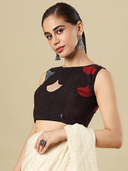 Black Pure Cotton Ajrakh Block Printed Sleeveless Readymade Blouse
