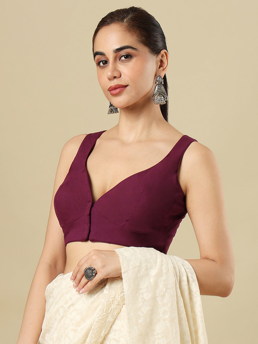 Wine Pure Cotton Sleeveless Readymade Blouse