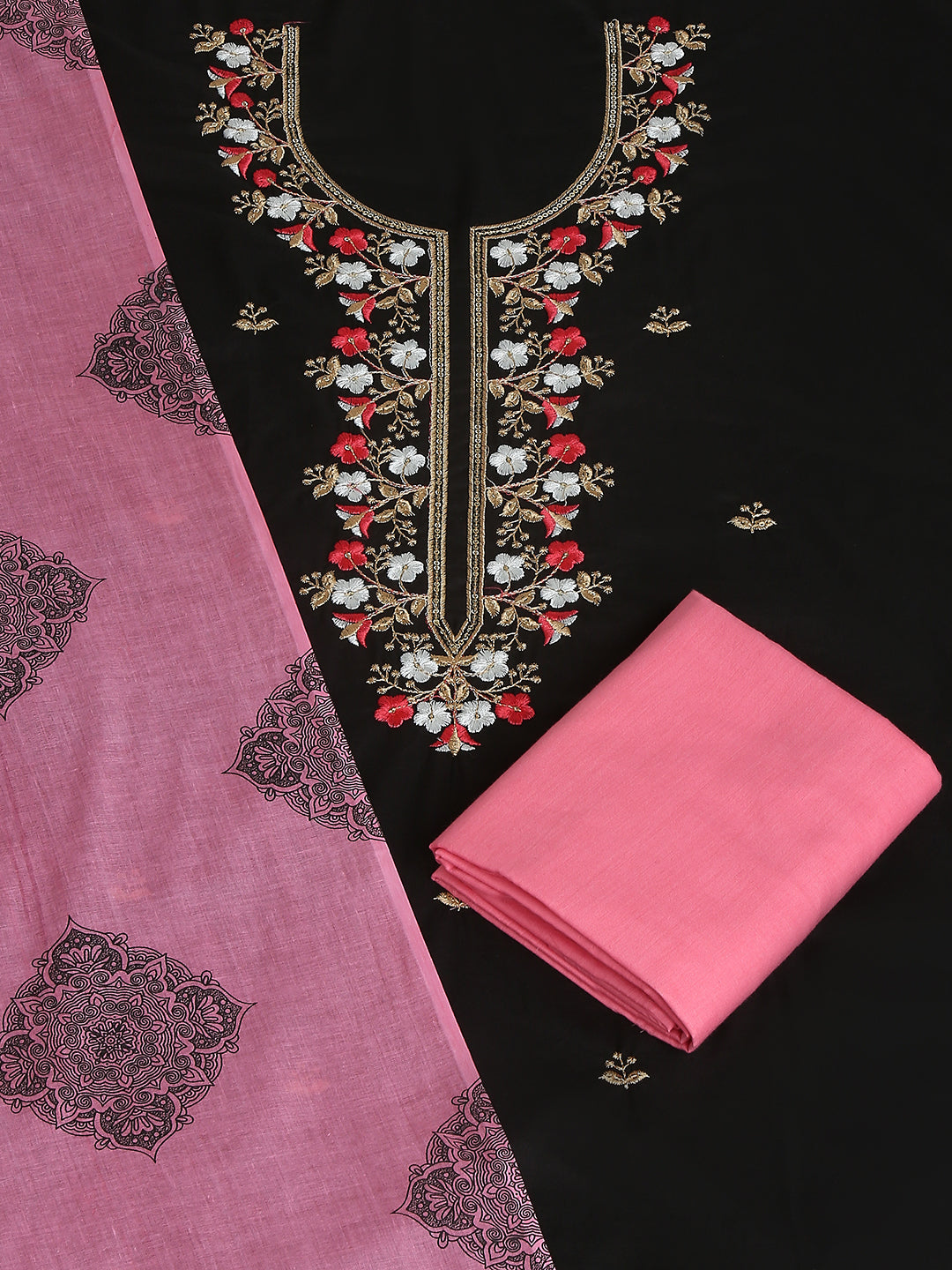 Cotton Embroidered Black & Pink Unstitched Dress Material