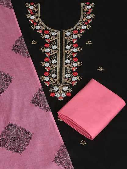 Cotton Embroidered Black & Pink Unstitched Dress Material