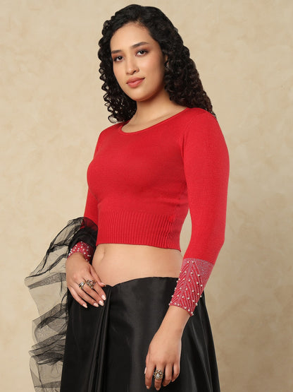 Red Woolen Round Neck Readymade Blouse
