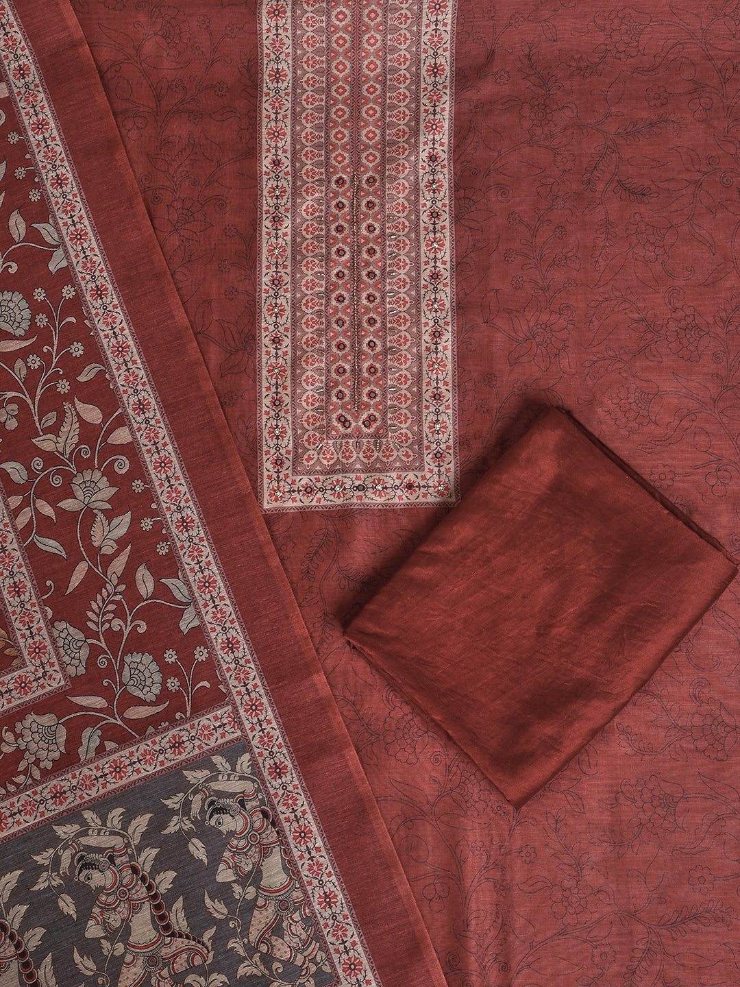 Maroon Chanderi Silk Embellished Unstitched Dress Material (3 Pc)