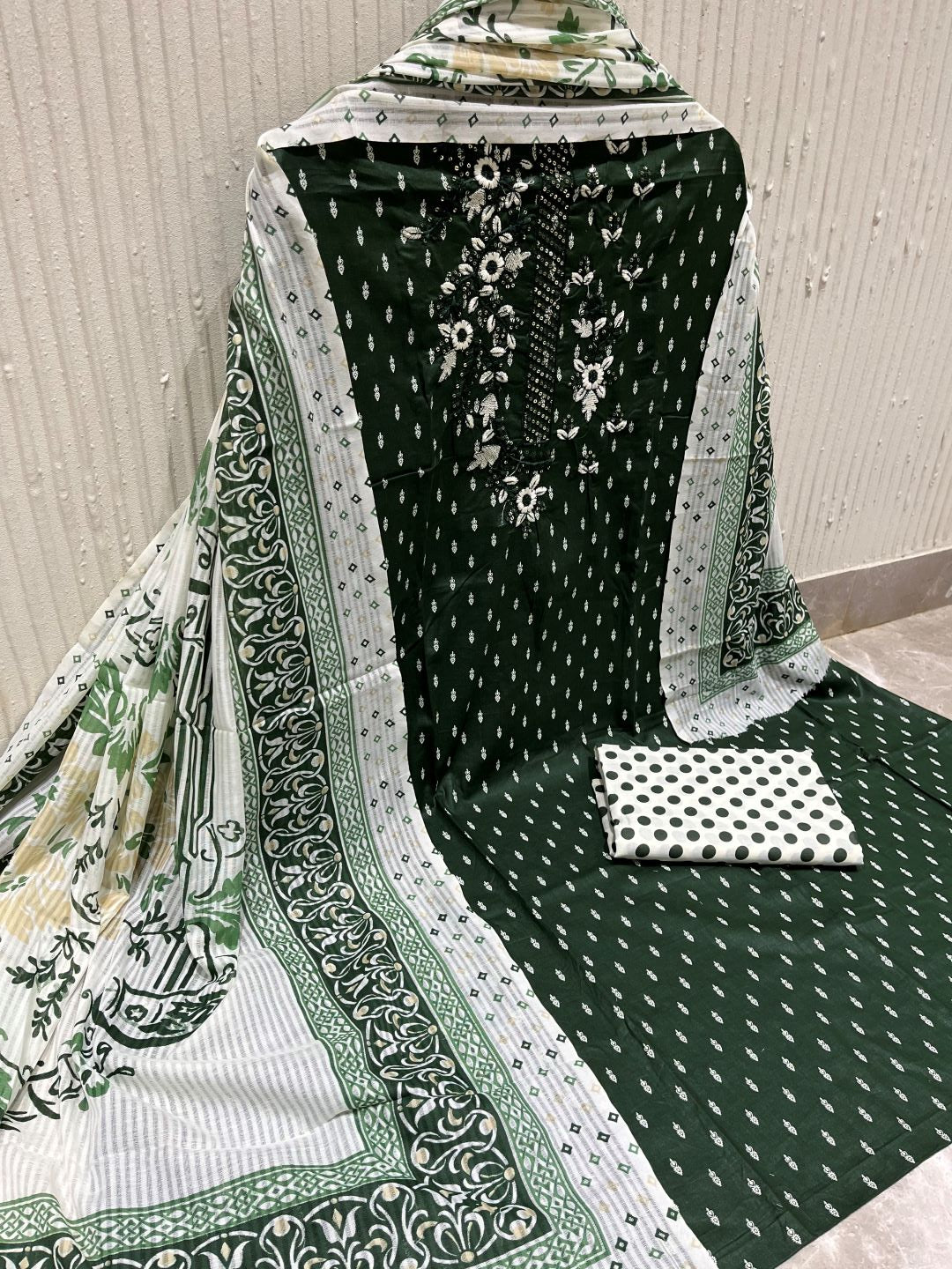Green Cotton Embroidered Unstitched Dress Material