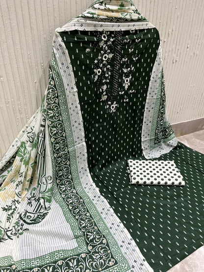 Green Cotton Embroidered Unstitched Dress Material