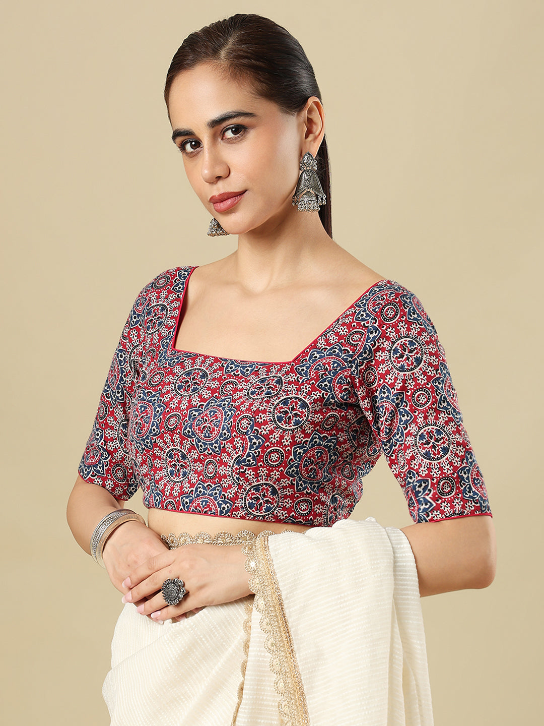 Cotton Ajrakh Printed Square Neck Padded Saree Blosus