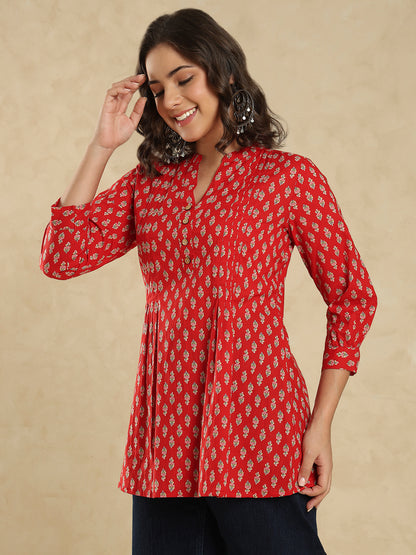 Red Cotton Ethnic Motifs Printed Short Kurti