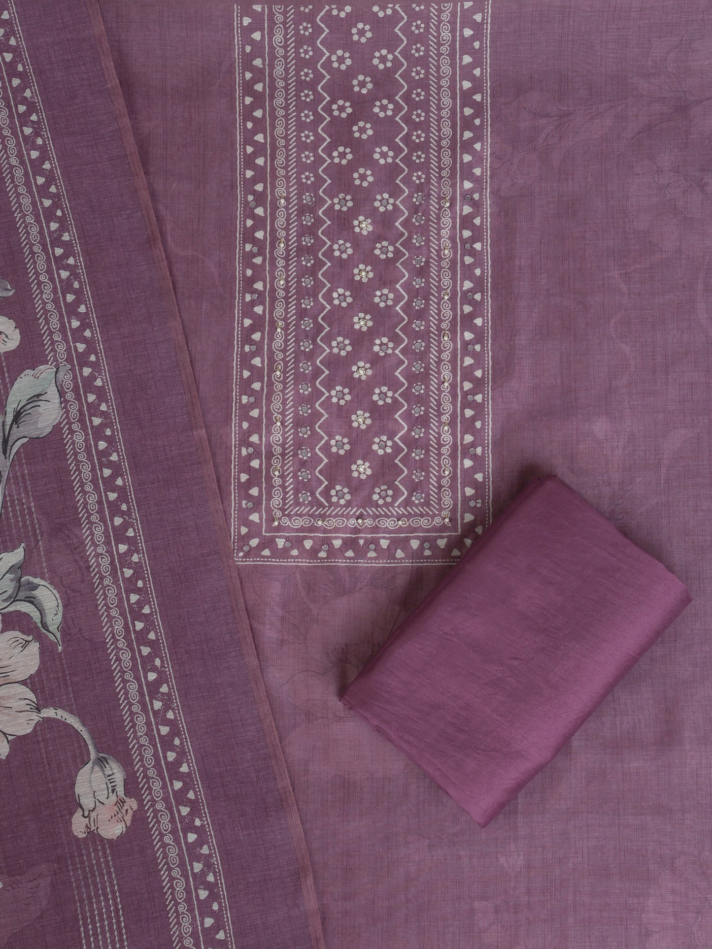 Lavender Chanderi Silk Embellished Unstitched Dress Material (3 Pc)